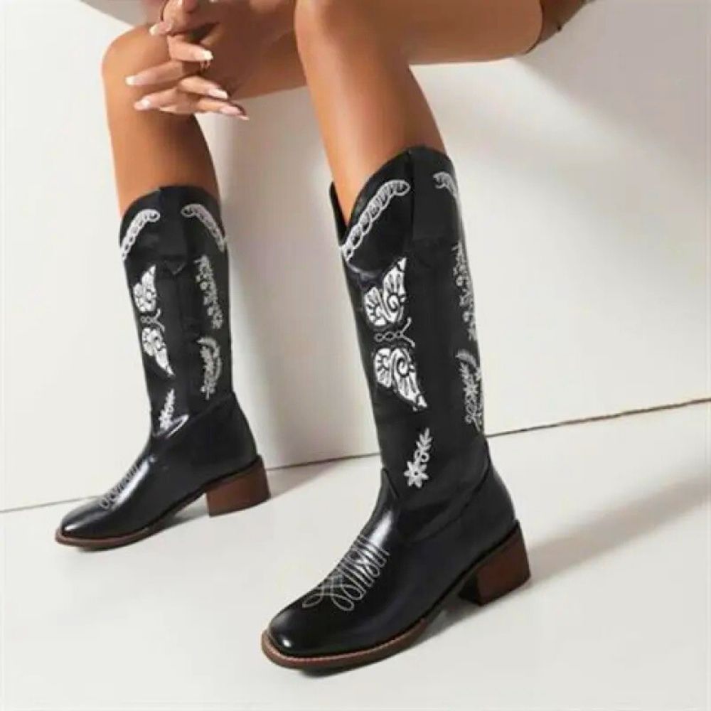 Reese | Women’s Fashionable Embroidered Mid-Heel Boots with Square Toe Design