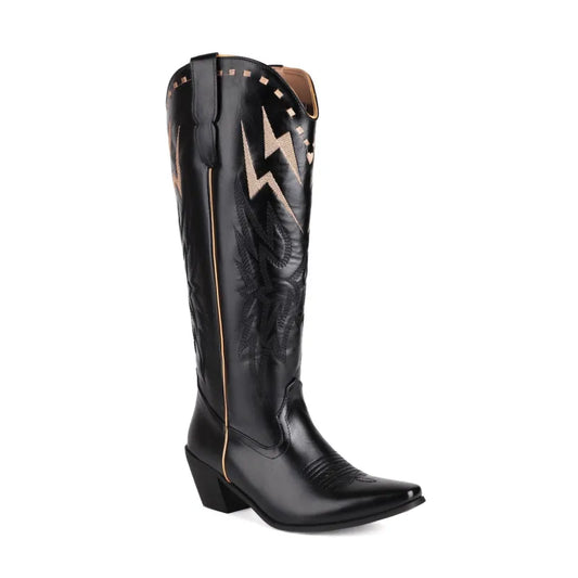Blair | Women’s Lightning Embroidered Knee-High Boots – Fashionable & Eye-Catching
