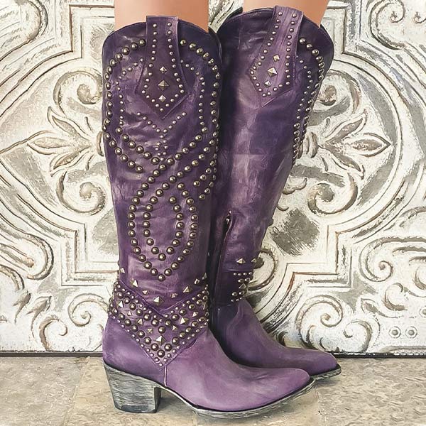 Women’s Knee-High Leather Boots – Thick Heel – Rivet Studded – Zipper Closure