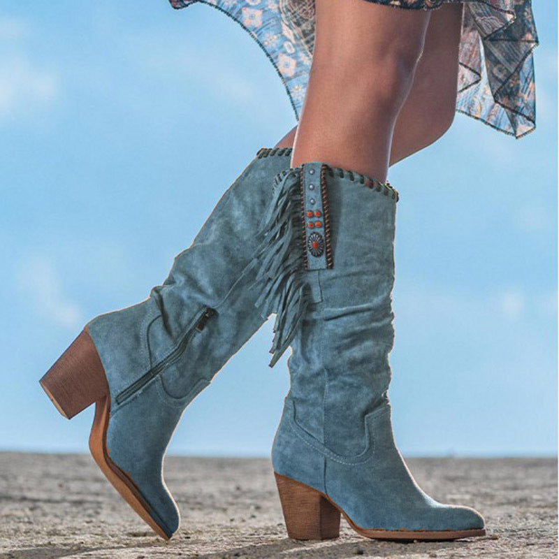 Western Style Knee High Boots – Faux Suede With Block Heel