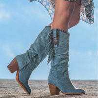 Western Style Knee High Boots – Faux Suede With Block Heel