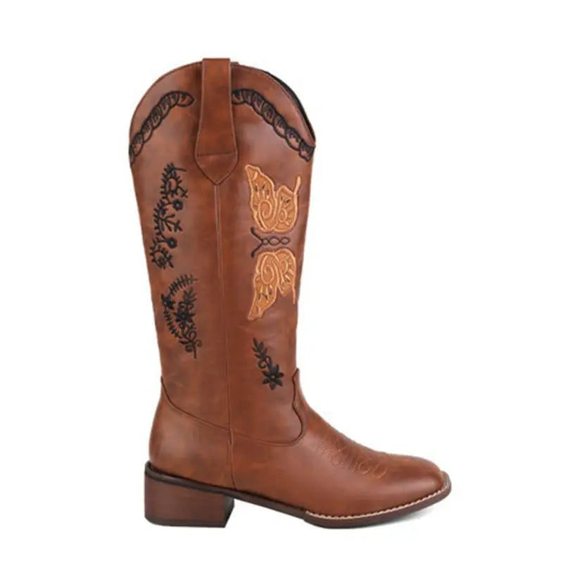 Reese | Women’s Fashionable Embroidered Mid-Heel Boots with Square Toe Design