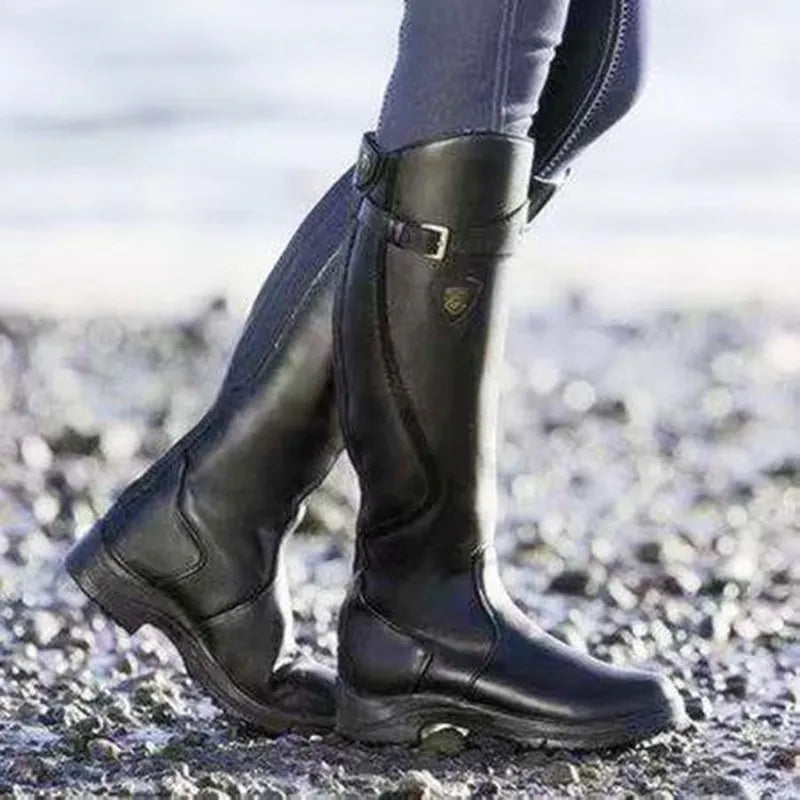 Women’s Knee-High Boots – Slim Fit – Water-Resistant Suede Look – Strap Buckle Detail
