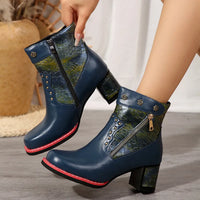 Ines | Women’s Chunky Heel Square Toe Ankle Boots – Rivet & Double Zipper Retro Style