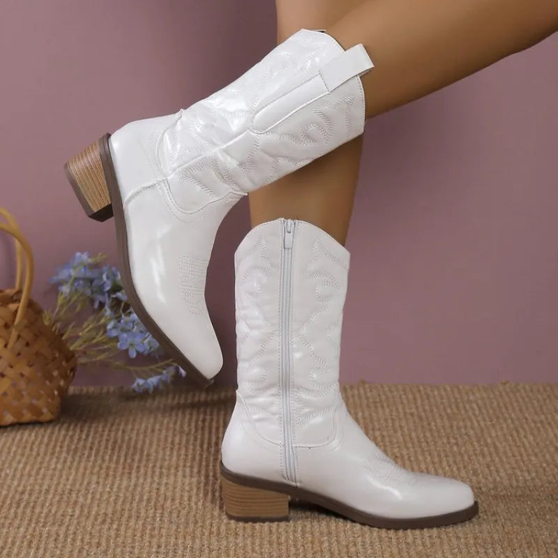 Daisy | Pointed Toe Chunky Heel Mid-Calf Boots