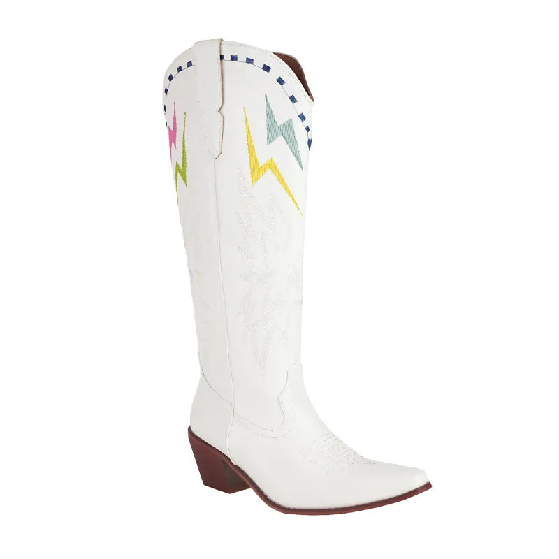 Blair | Women’s Lightning Embroidered Knee-High Boots – Fashionable & Eye-Catching