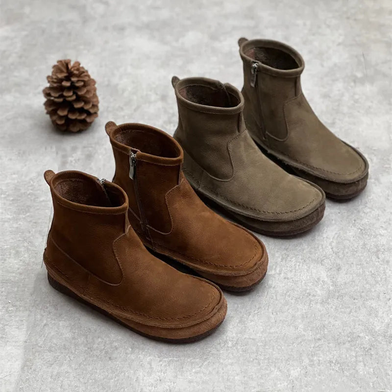 Julia | Women’s Vintage Leather Ankle Boots – Flat, Round Toe & Side Zipper