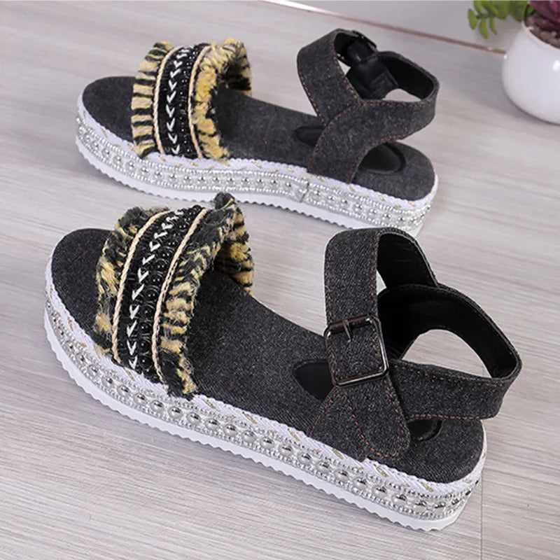 Kiara | Women’s Summer Denim Tassel Sandals