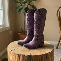 Women’s Knee-High Leather Boots – Thick Heel – Rivet Studded – Zipper Closure