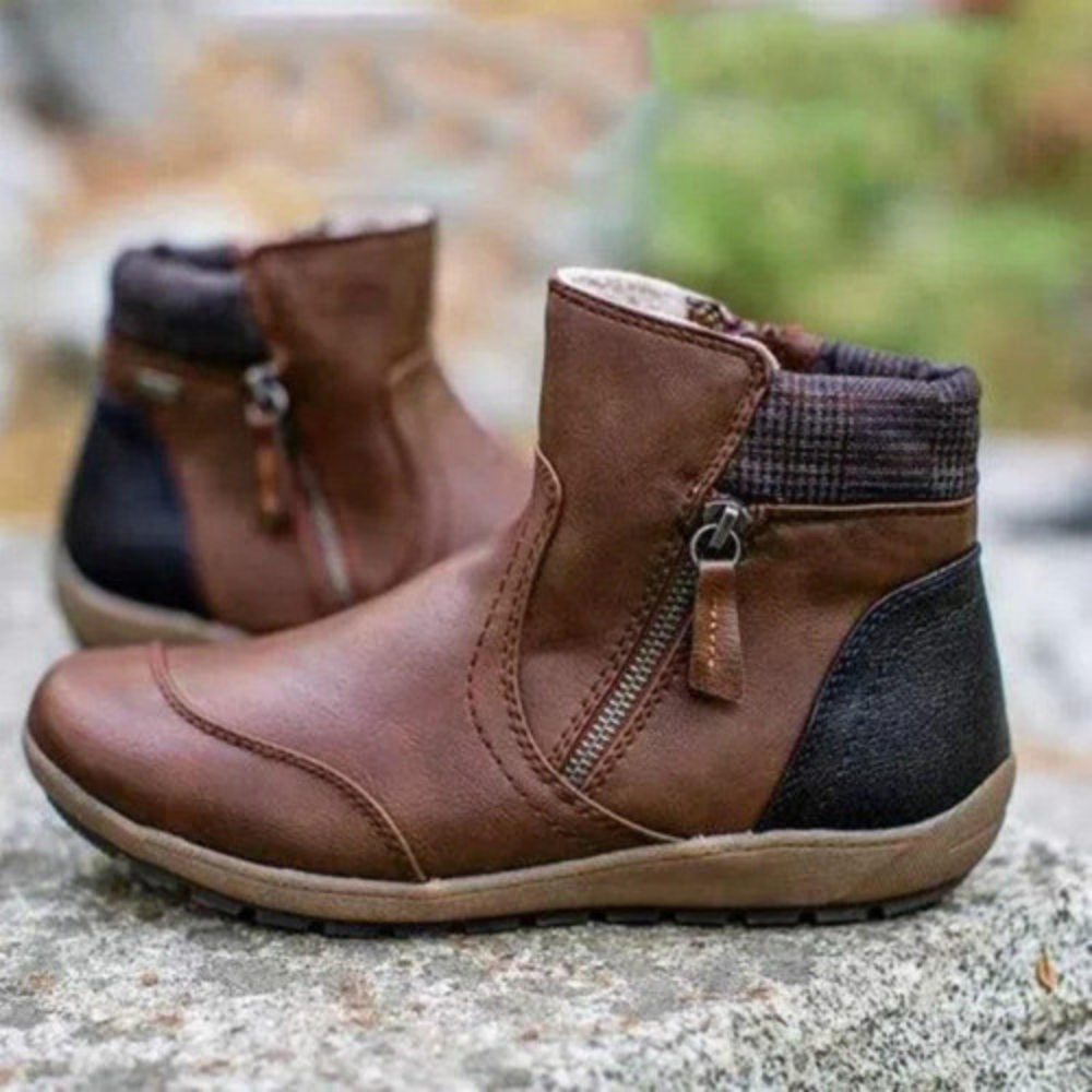 Ally | Women's Genuine Leather Ankle Boots with Plaid Cuff & Side Zipper
