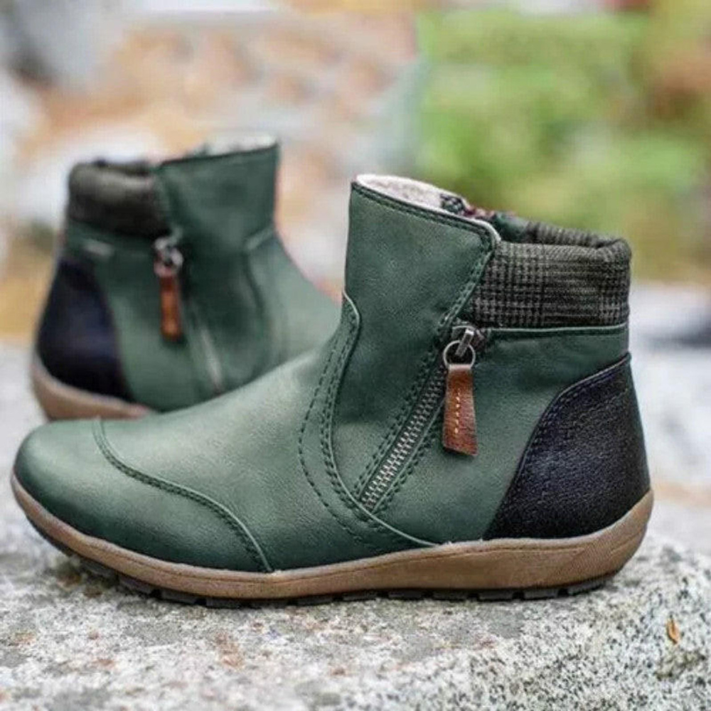 Ally | Women's Genuine Leather Ankle Boots with Plaid Cuff & Side Zipper