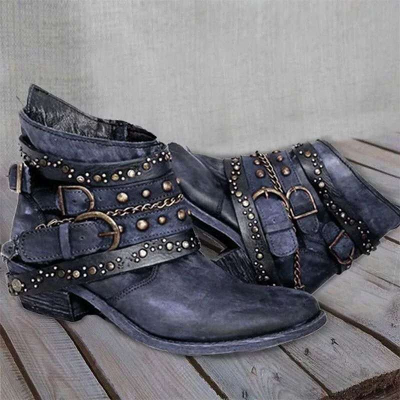 Women's Ankle Boots – Leather – Western Design – Buckles and Chain Details – Low Heel