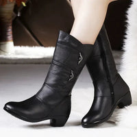 Women’s Mid-Calf Boots – Fitted Silhouette – Leather-Like Texture – Side Zip – Low Heel