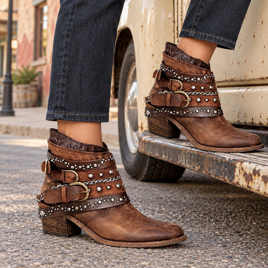 Women's Ankle Boots – Leather – Western Design – Buckles and Chain Details – Low Heel