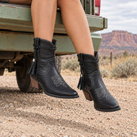 Women’s Cowboy Boots – Leather – Pointed Toe – Ankle Length – Tassel and Stitch Detail