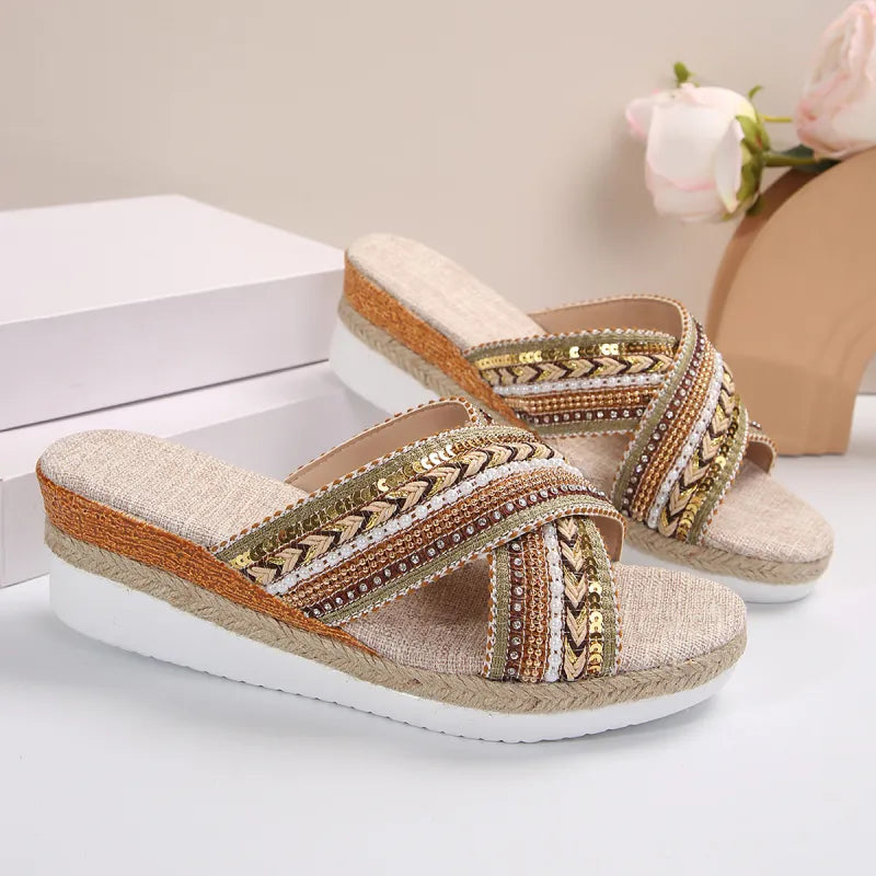 Dahlia | Linen Platform Wedge Sandals