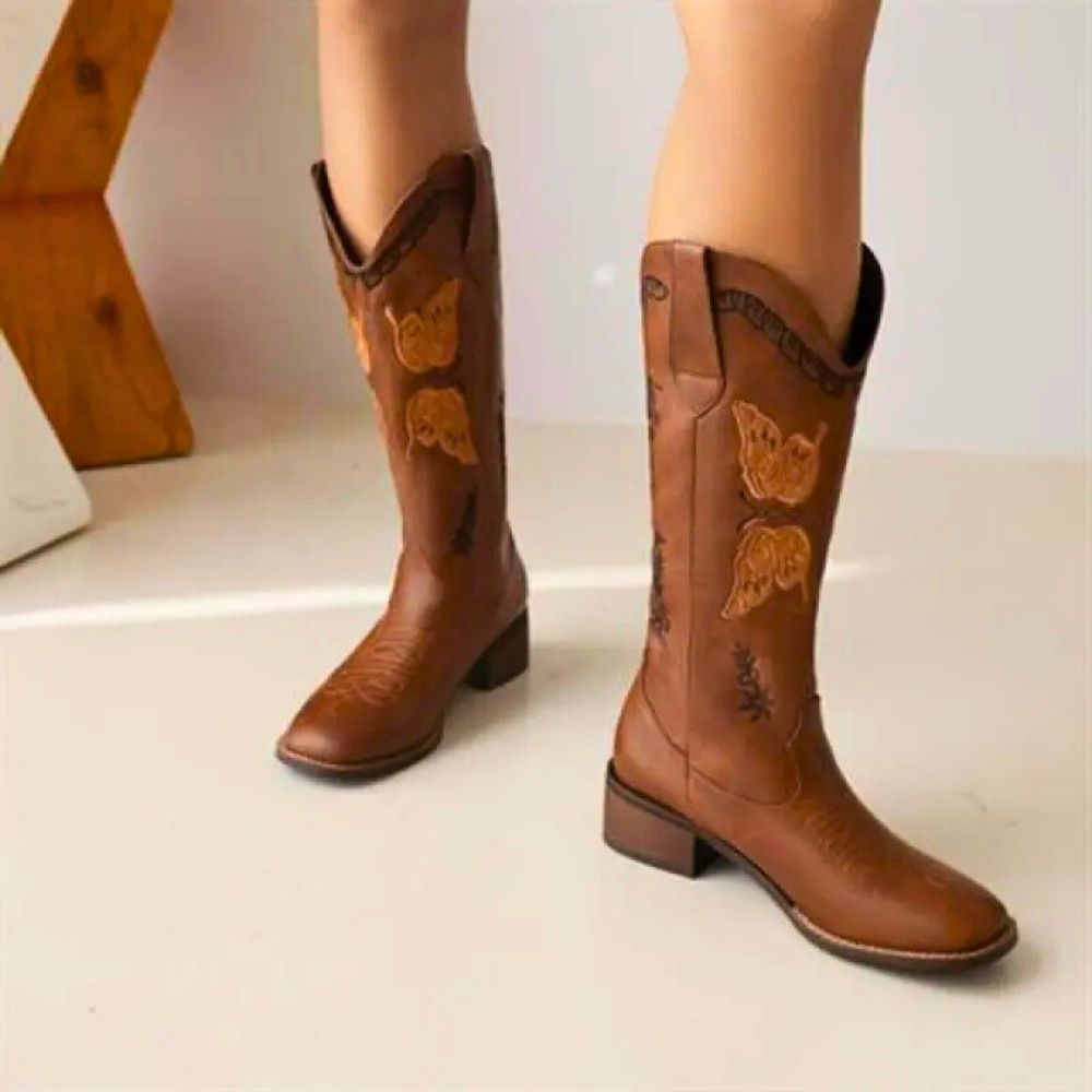 Reese | Women’s Fashionable Embroidered Mid-Heel Boots with Square Toe Design