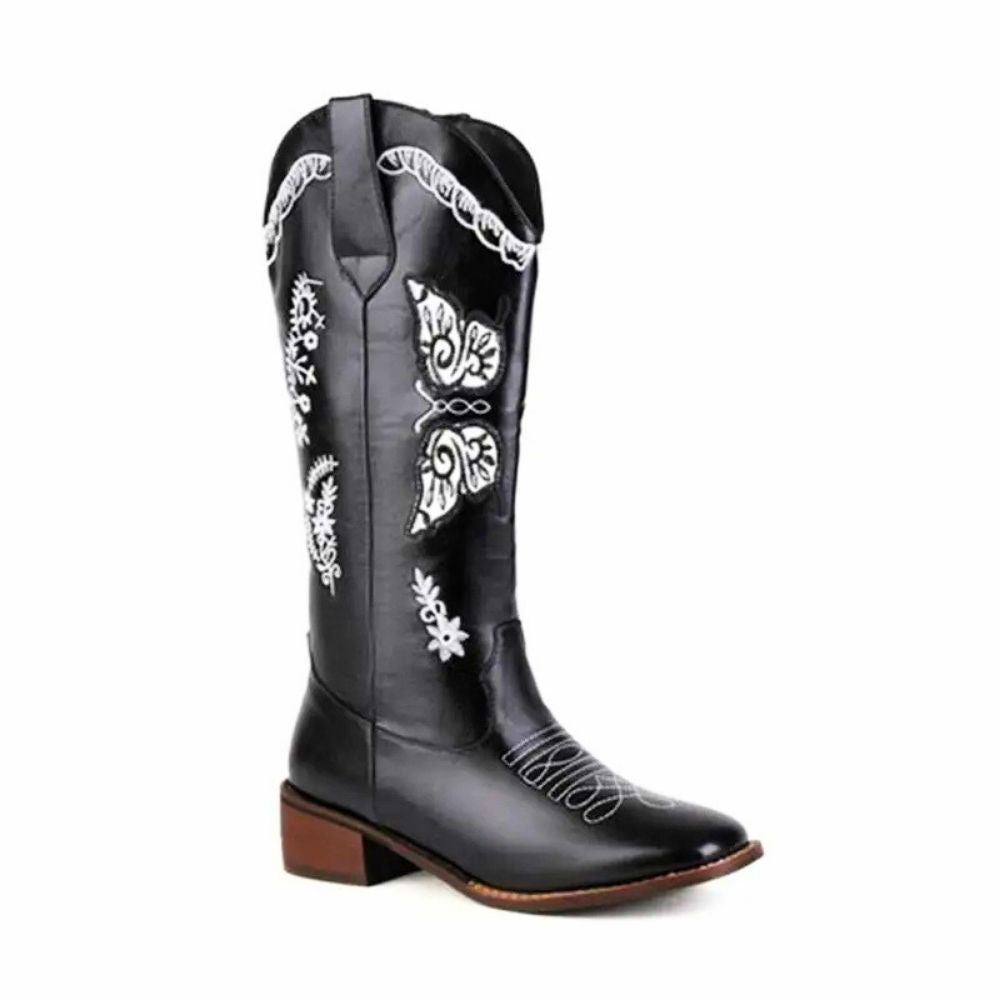 Reese | Women’s Fashionable Embroidered Mid-Heel Boots with Square Toe Design