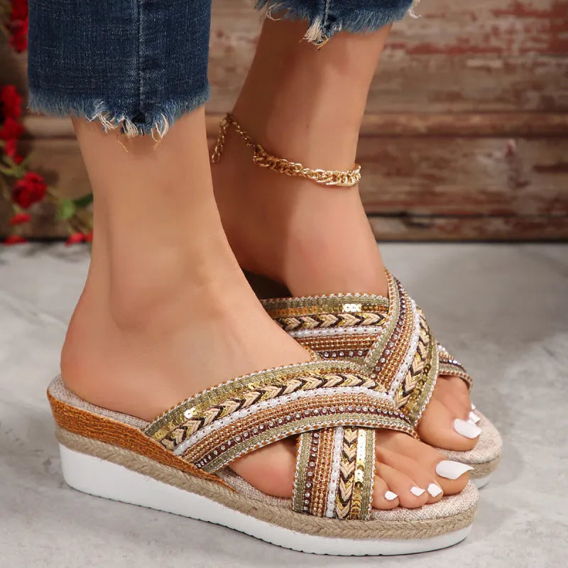 Dahlia | Linen Platform Wedge Sandals