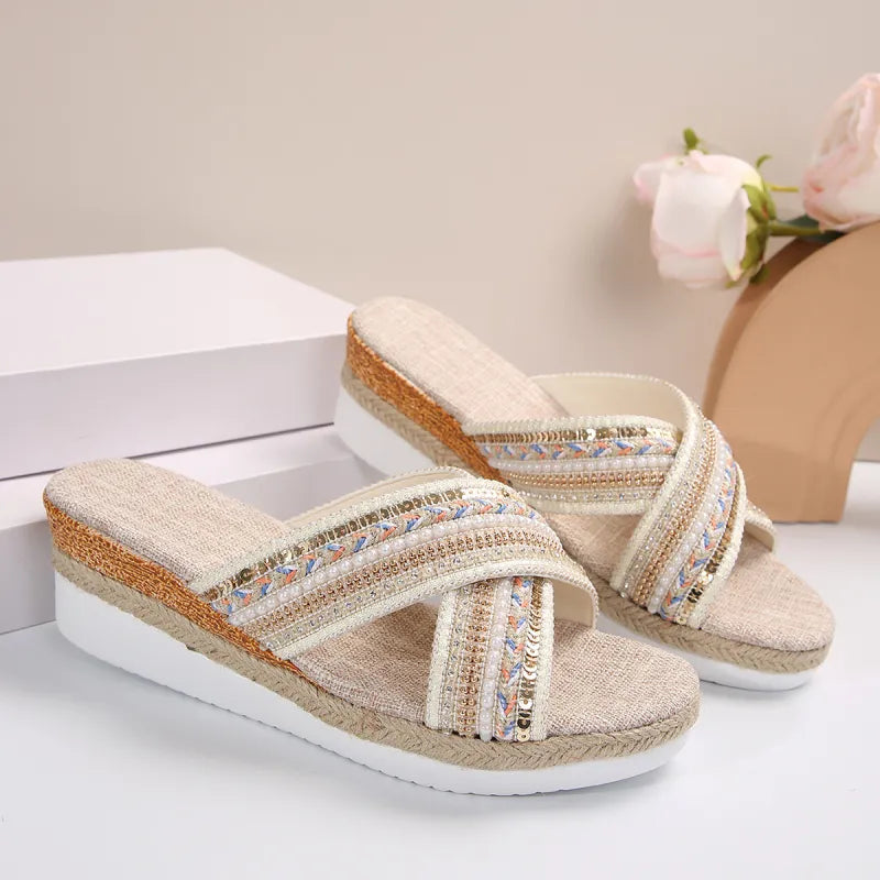 Dahlia | Linen Platform Wedge Sandals